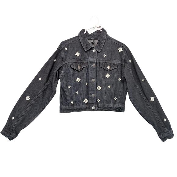 Forever 21 Embellished Black Denim Cropped Jean Jacket Women's M Pearl Gems - Picture 1 of 10
